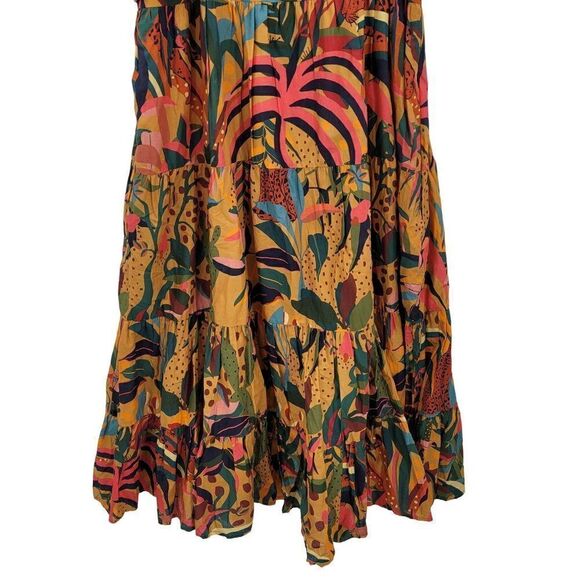 Farm Rio Anthropologie Dress Crochet Tiered Ruffle Midi Colorful Tiger Tropic L - Picture 9 of 16